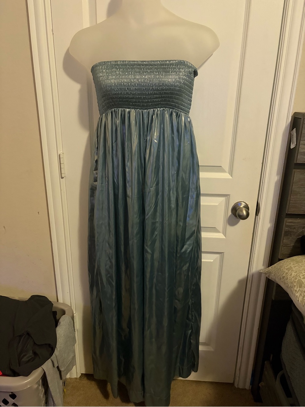 Free People Metallic Blue Smocked Strapless Maxi Dress